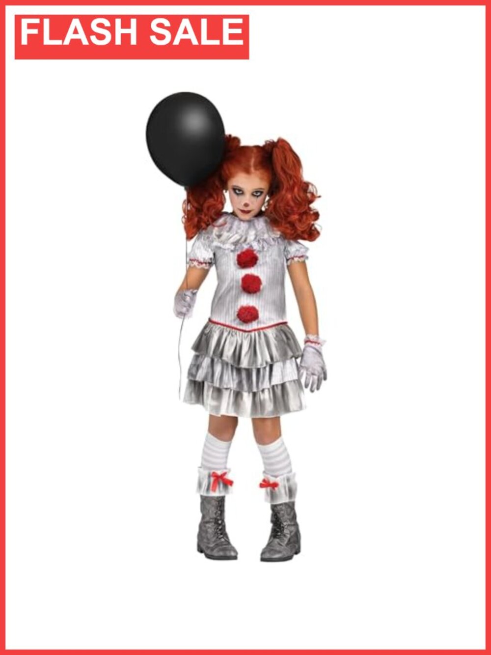 Girls Carnevil Clown Costume Dress Gloves Socks Boot Cuffs